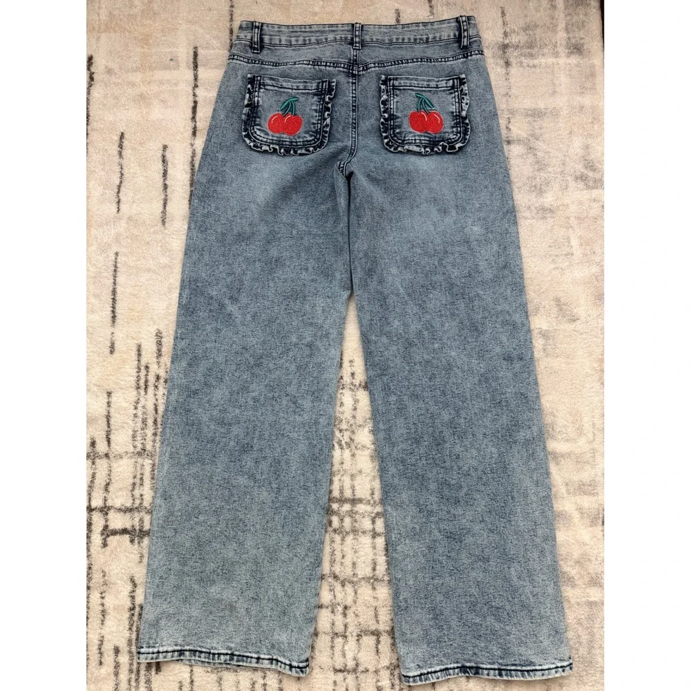Mode Mistique Women Wide Leg Acid Wash Cherry Embroidered Ruffle Jeans 11/30